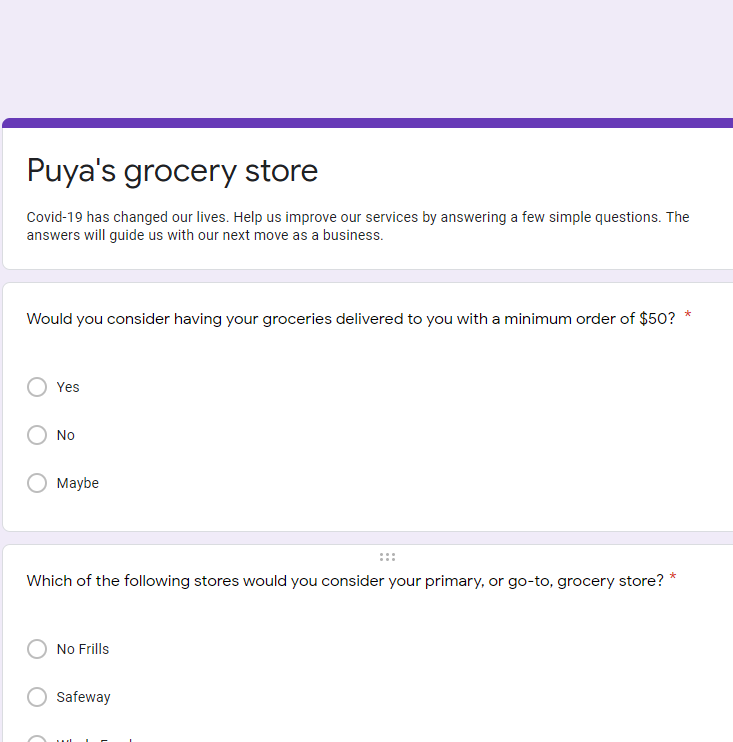 Google Form grocery store questions