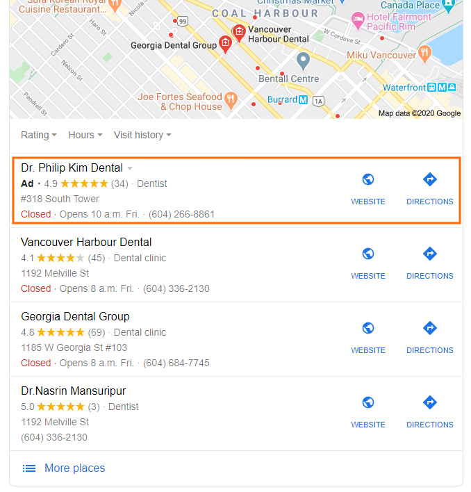 Google map pack ad example