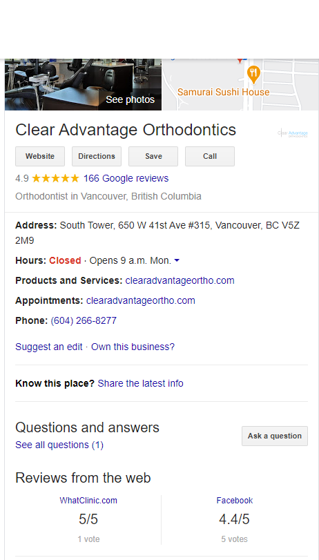 Clear Advantage Ortho GMB page