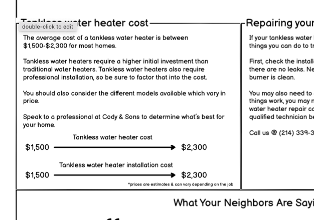 tankless water heater page wireframe