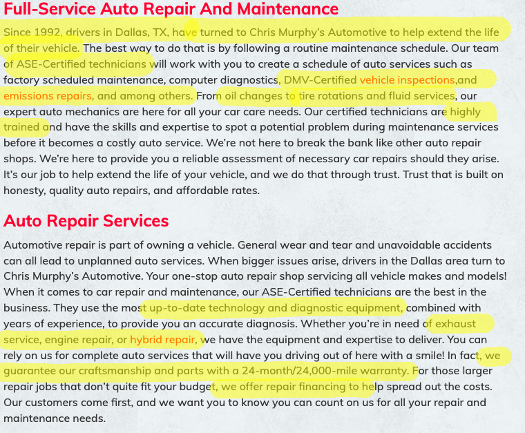 Chris Murphys Automotive service page copy